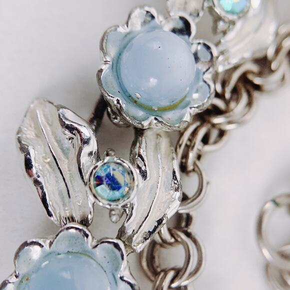 VTG Signed Judy Lee Mid Century Moonglow Lucite AB Rhinestone Silver Tone Choker - Picture 5 of 16